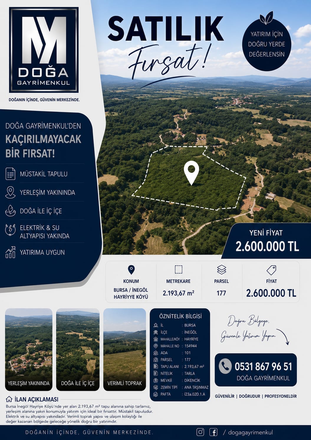 MK DOĞA GAYRİMENKUL DEN BURSA İNEGÖL HAYRİYE MH. SATILIK TARLA