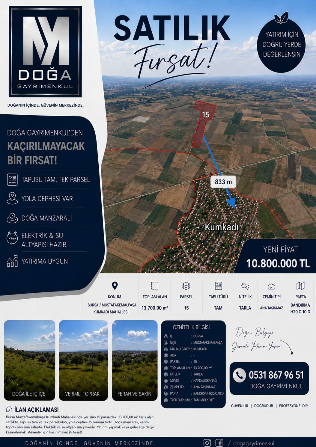 MK DOĞA GAYRİMENKUL'DEN KAÇIRILMAYACAK FIRSAT SATILIK TARLA 