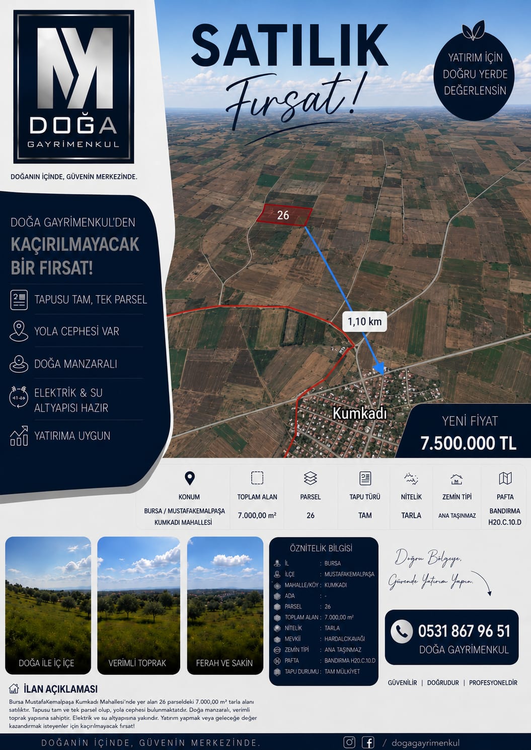 MK DOĞA GAYRİMENKUL'DEN MUSTAFAKEMALPAŞA,DA SATILIK TARLA 